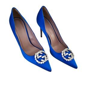 Gucci GG Crystal Logo Royal Blue Satin Pointed Toe Pump Heel Size 37 US 7